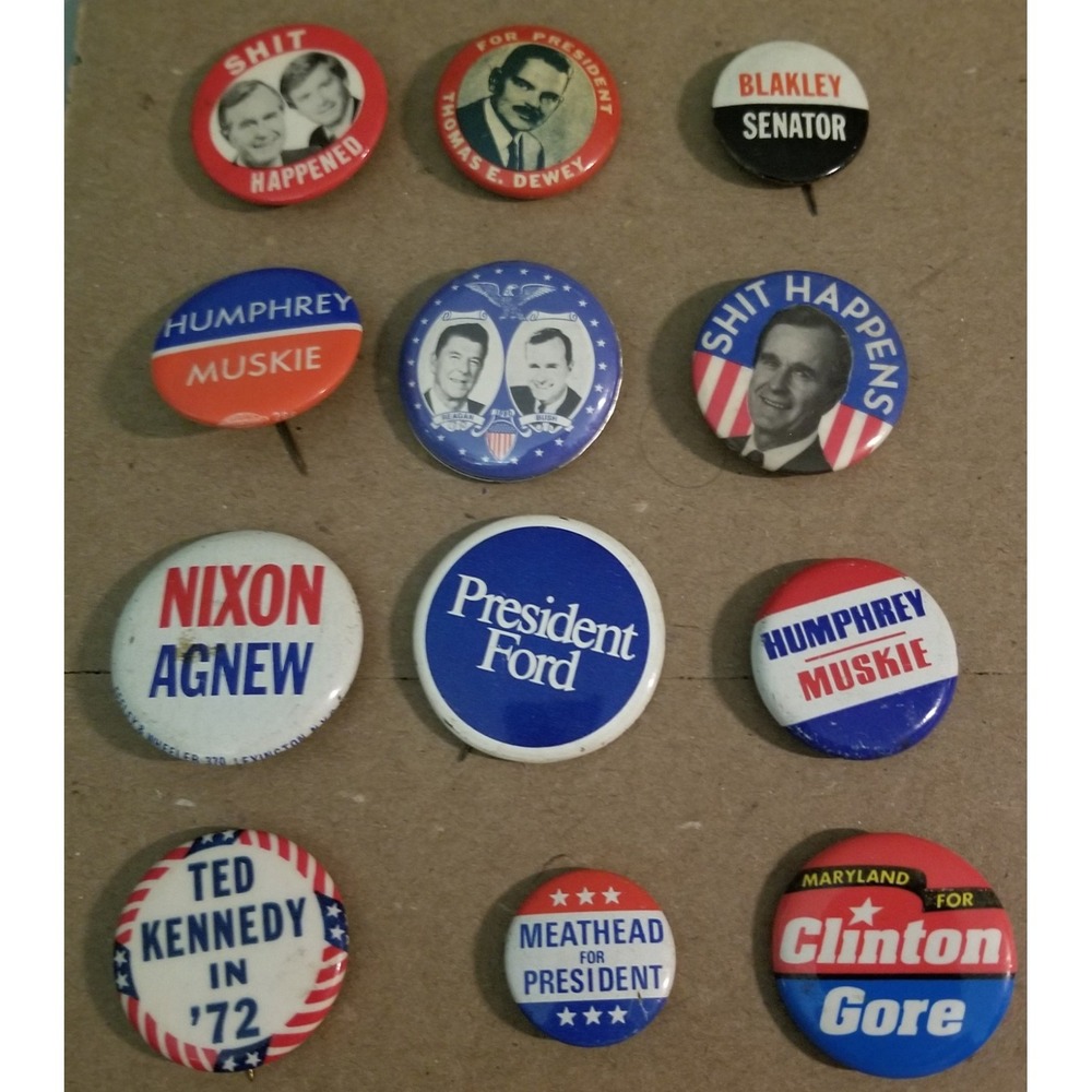 Vintage Lot Of 12 Political Pins Buttons Nixon Bush Reagan Kennedy Clinton Humor